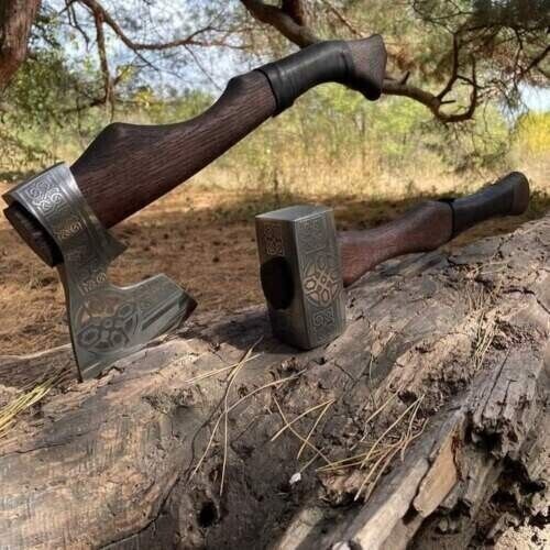 Close-up of Engraved 1095 Steel Blade on Warrior's Duo Tomahawk