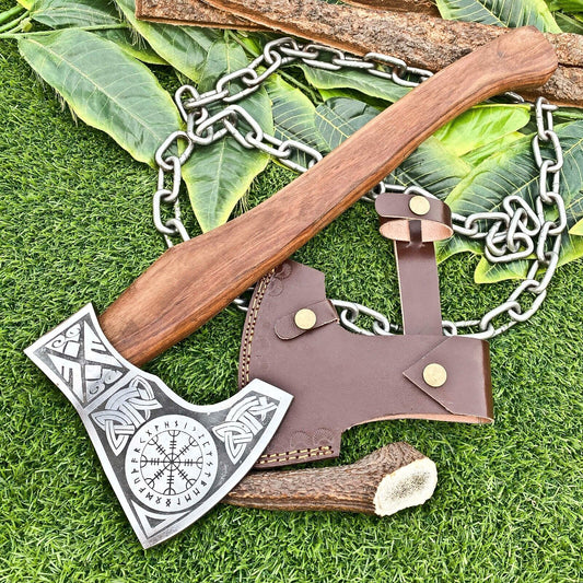 Odin’s Fury Viking Combat Axe with Forged 1095 Steel Blade and Engraved Details