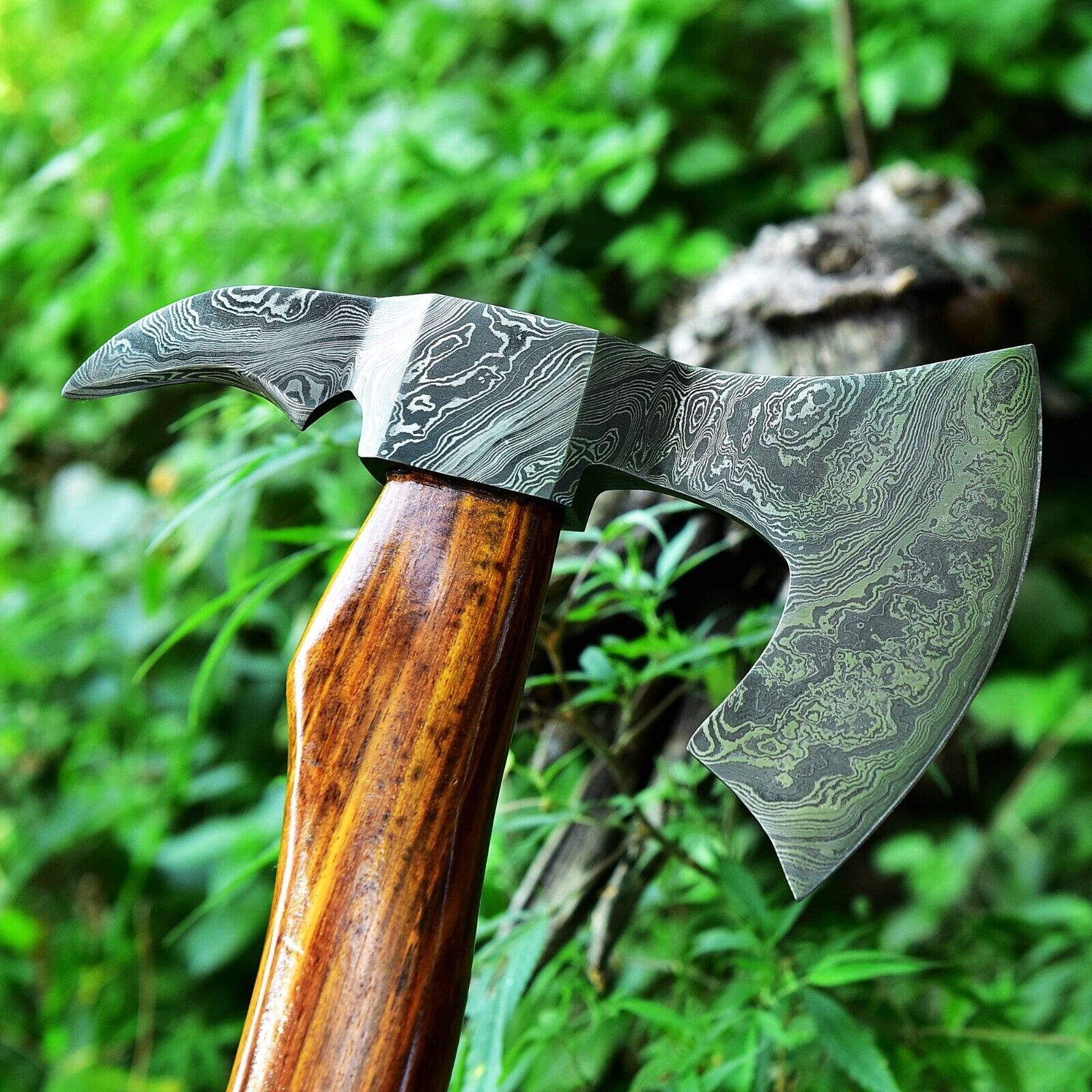 Close-up of Damascus Steel Blade on "Rosewood Warrior" Tomahawk Axe