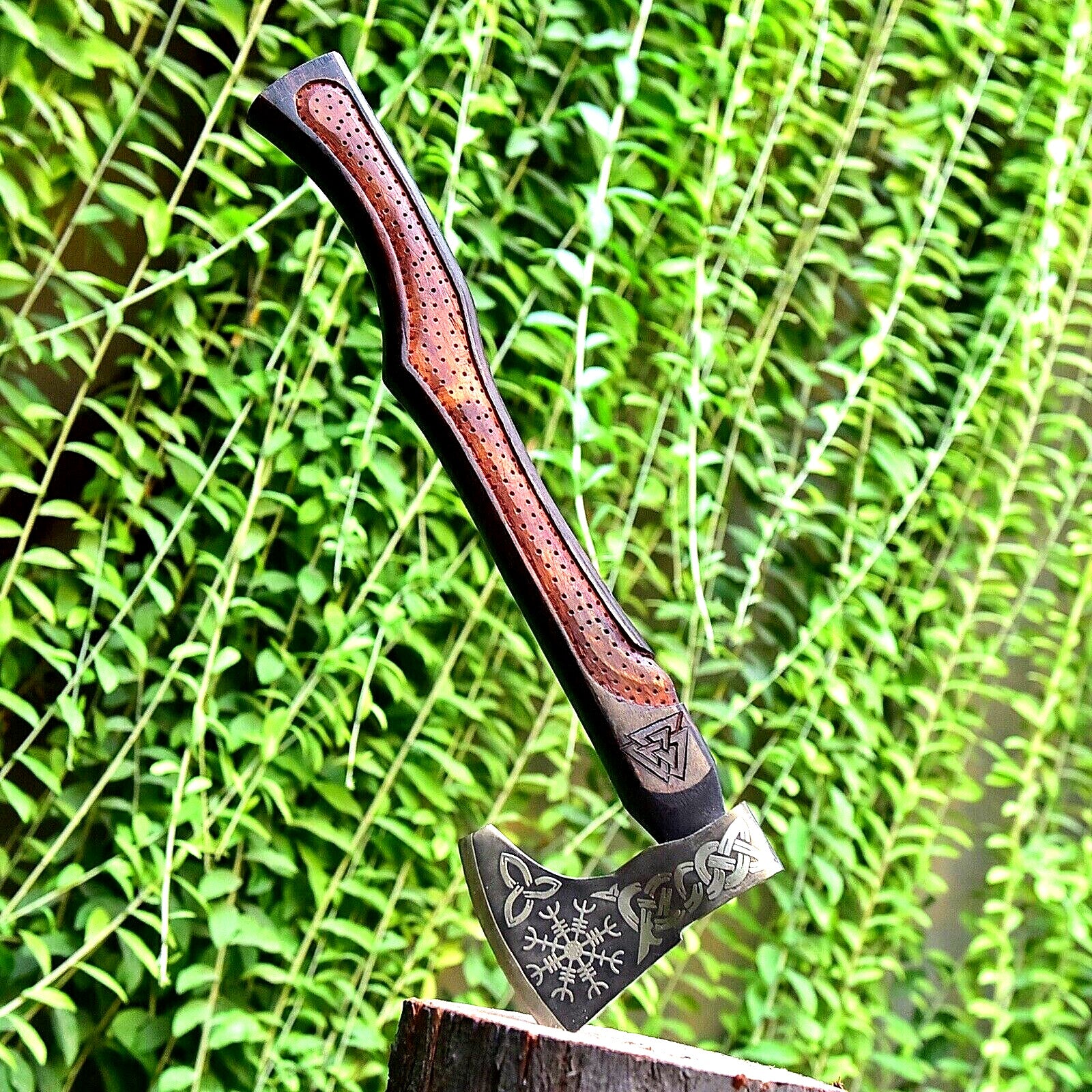 Hand Engraved Rosewood Handle of Valhalla Edge Norse Axe