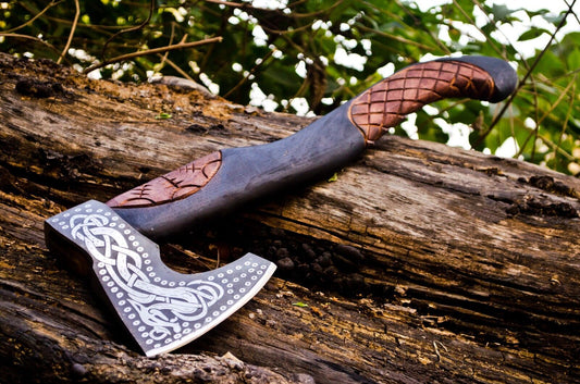 Battle Axe in its leather sheath, highlighting the design and protection