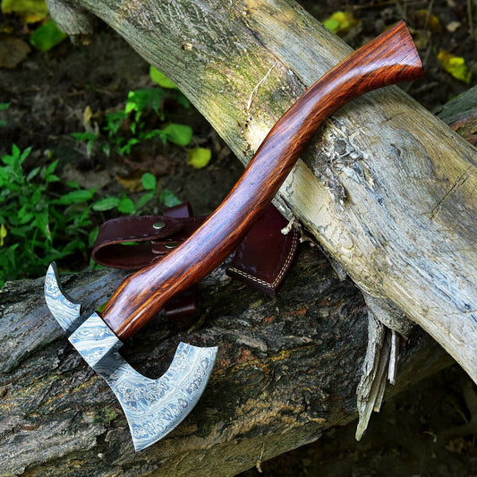Detailed Rosewood Handle of "Rosewood Warrior" Tomahawk Axe