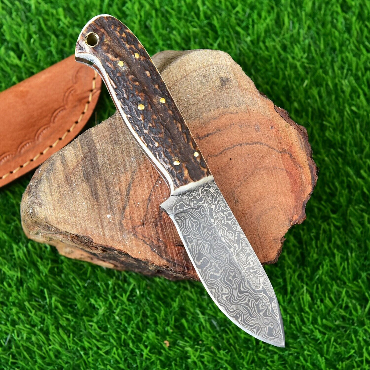 Custom Handmade Damascus Steel Skinning Knife with Stag Horn Handle an