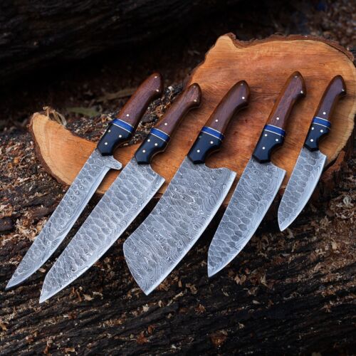 Custom handmade Damascus steel knife set with rosewood handles