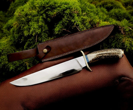 Western Bowie Knife With Antler Handles and High-Carbon Steel Blade