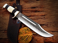 D2 Forged Tool Steel Handmade Customize Crocodile Dundee Bowie Knife with Bone, Buffalo Horn, and Brass Guard Handle - 16 Inches Overall Length - Leather Sheath Included - For Sale at KBS Knives Store for Hunting, Camping, and Survival Enthusiasts.