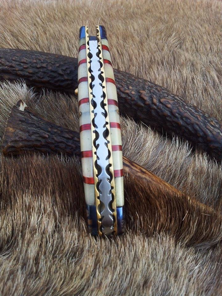 Groomsman’s Treasure 3-inch colored Damascus steel folding pocket knife with a bone and laser color engraved handle, accompanied by a leather case. Custom gift by KBS Knives.