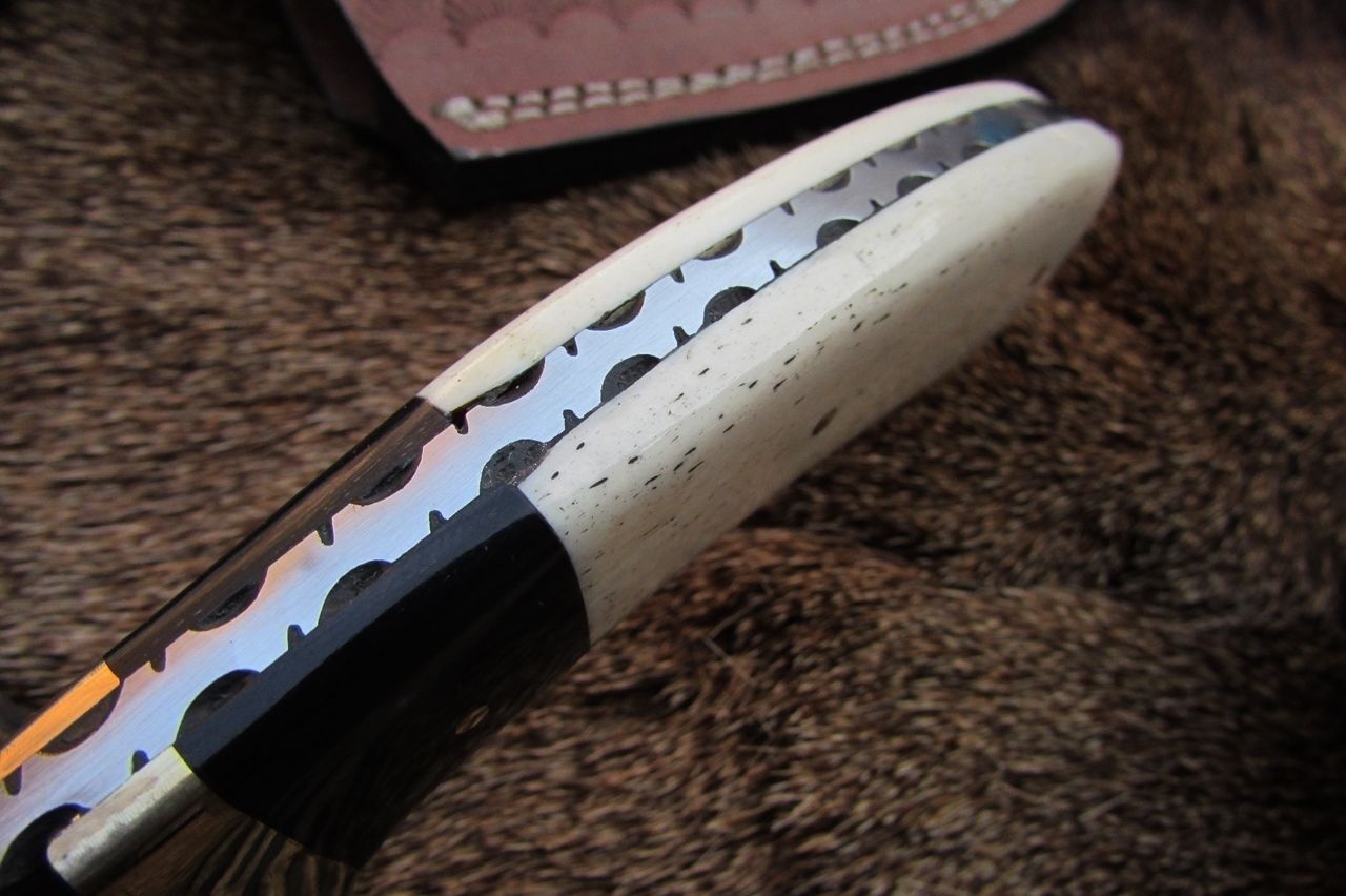 Close-up of the water buffalo horn and camel bone handle with brass guard of the Hunter's Fixed Blade Guthook knife