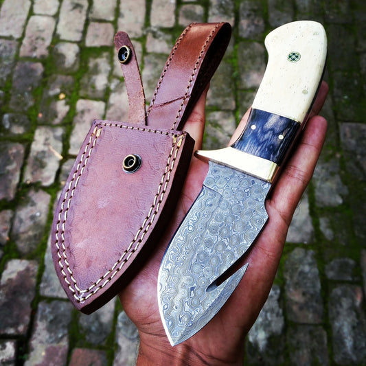 Custom Handmade Gut Hook Knife in Damascus Steel