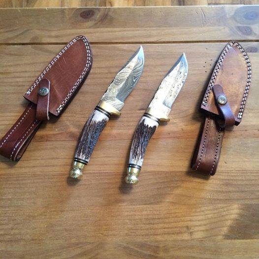 Custom handmade Damascus steel outdoor hunting knife with antler horn handle