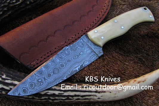 Custom Handmade Damascus Deer Hunting Knife with Bone Handle
