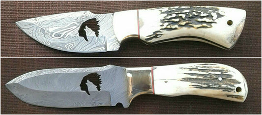 Custom Handmade Deer Hunting Knife with Damascus Wolf Wirecut Blade