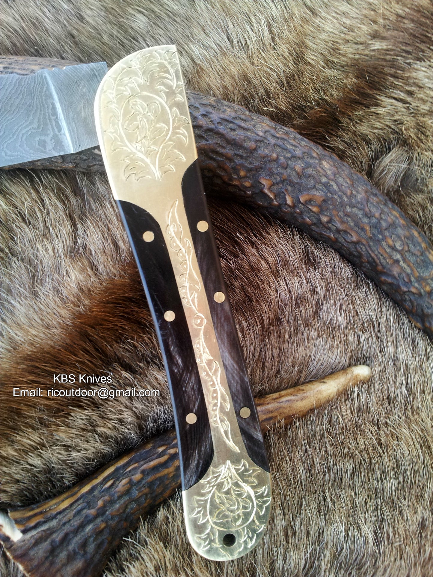 KBS Knives Store's The HornGuard Folding Pocket Knife with leather sheath and Damascus steel blade