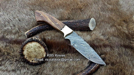 "Timber Strike" 9-Inch Damascus Fixed-Blade Hunting Knife with Rosewood Handle