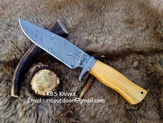 Custom handmade Damascus hunting knife with olivewood handle