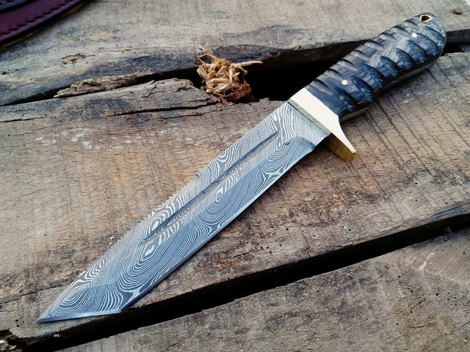 Custom Handmade Tanto Hunting Knife with Damascus Steel Blade