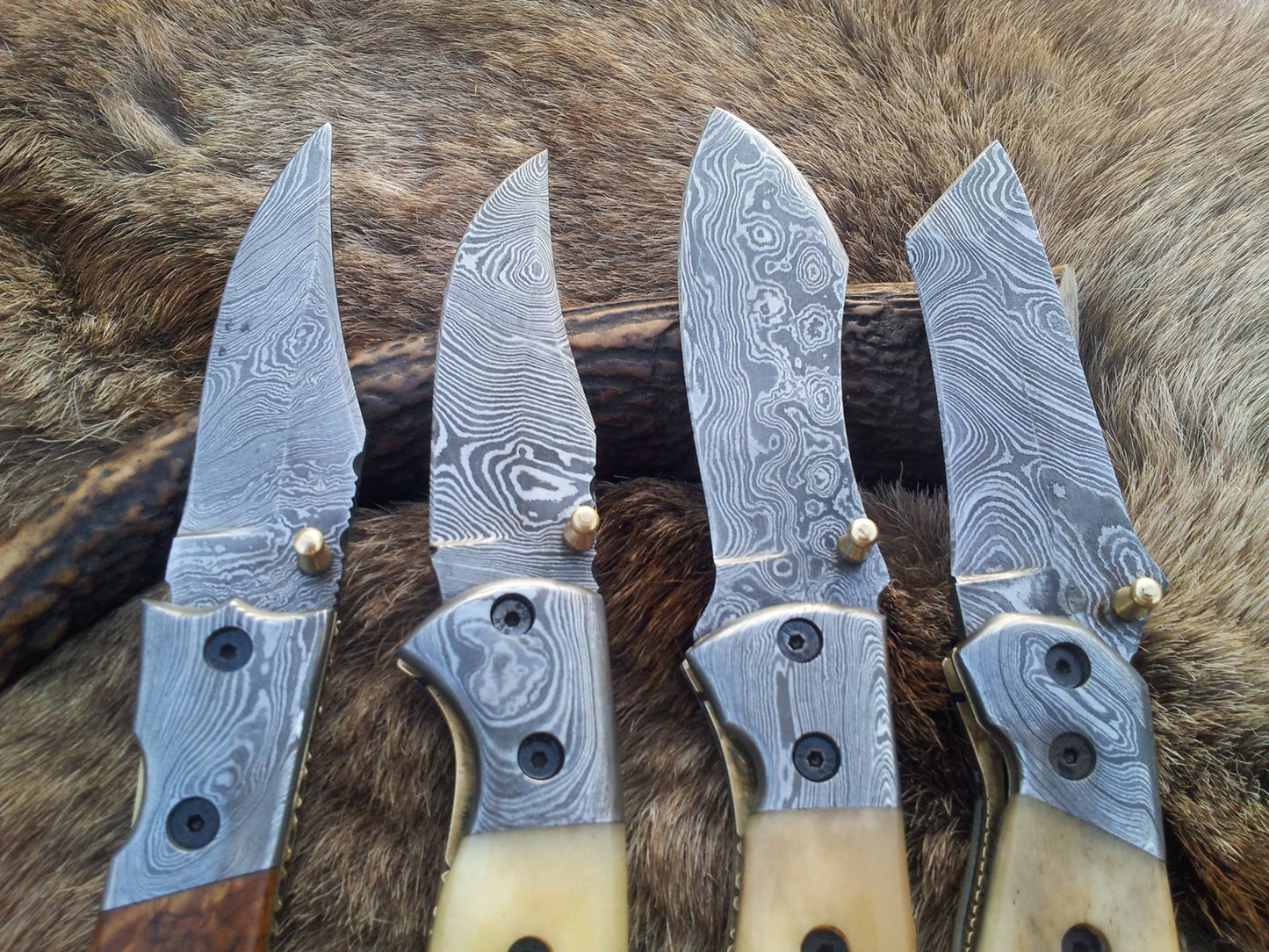 Burl olivewood handle Damascus steel pocket knife with Damascus bolster from the Trio Edge set