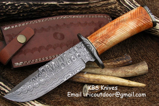 Custom handmade Damascus hunting knife with colored camel bone handle