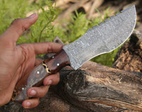 Handmade Damascus Steel Tom Brown Tracker Knife with Sheep Horn, Rose Wood and Brass Spacer Handle and Leather Sheath - 10 inches Overall Length by KBS Knives Store