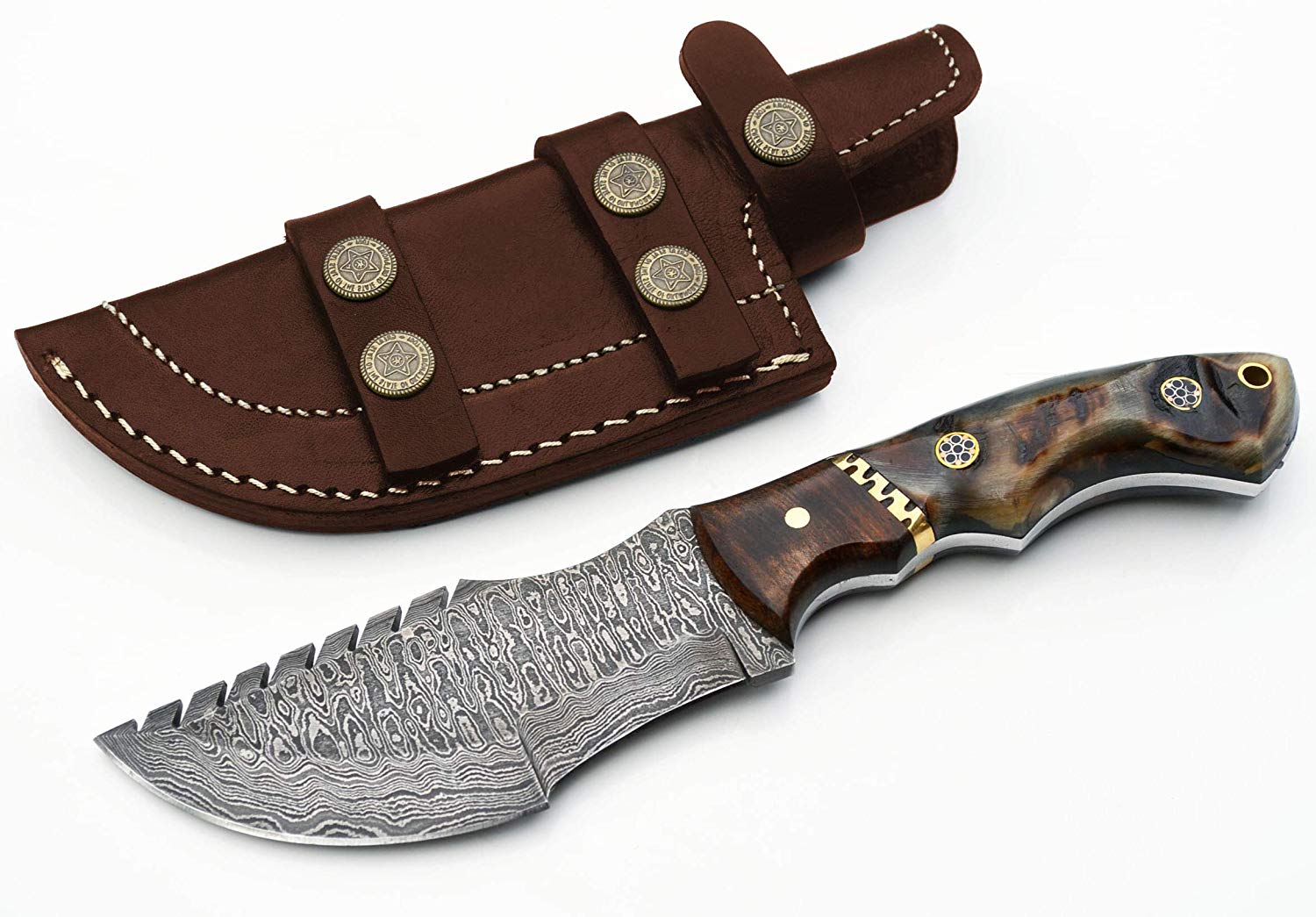 Custom Handcrafted Raindrops Damascus Steel Tom Brown Tracker Knife with Mountain Sheep Horn and Rose Wood Handle