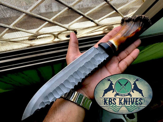 Classic Viking Hunting Bowie Knife with custom handcrafted 1095 hand forged steel blade and stag crown handle by KBS Knives