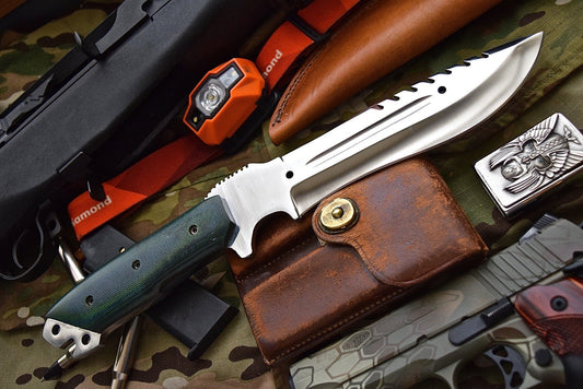 Combat Bushcraft Survival Camping Knife with D2 Mirror Polished Steel Blade and Micarta G10 Handle by KBS Knives.