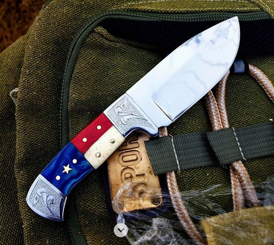 Custom Hand Engraved D2 Steel Texas Hunting Skinning Knife with Bone and Exotic Wood Handle