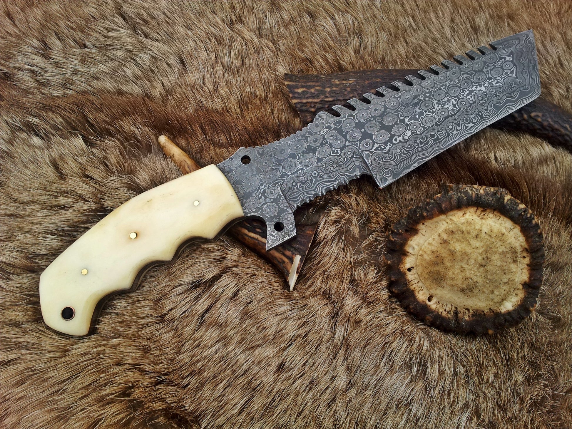 Custom Handmade Damascus Tracker Knife with Camel Bone Handle and Red Fiber Liner