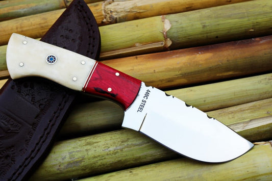 Custom Handmade Mirror Polished 440C Steel Skinning Knife with Bone Handle and Exotic Wood Bolster