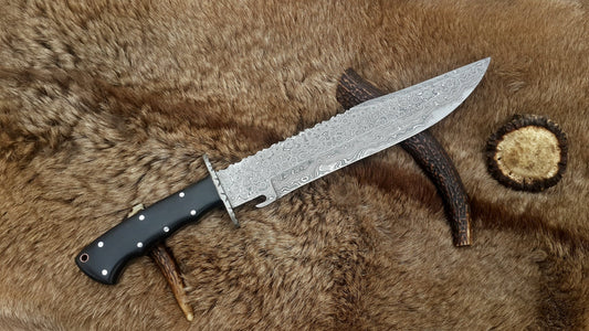 Custom Handmade Wild Pig Hunter Bowie Knife with Raindrops Pattern Damascus Steel Blade
