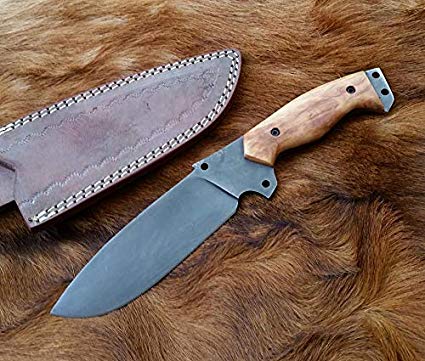 Custom handcrafted full tang 1095 high carbon steel camping knife with olive wood handle and leather sheath