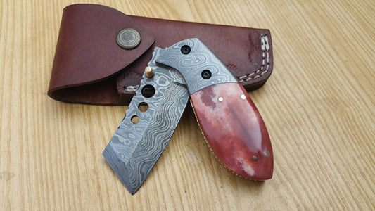 Everyday Carry Mini Tanto Damascus Pocket Knife with colored bone handle and Damascus bolsters.