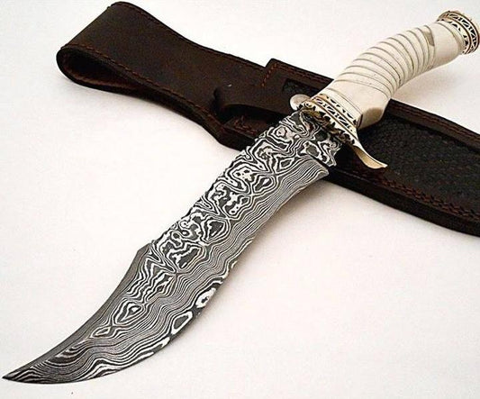 Fancy Bowie Knife with Damascus Steel Blade and Bone Handle by KBS Knives.