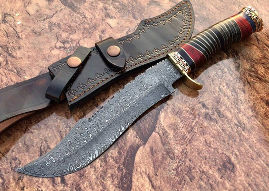 Fancy Bowie Knife with Damascus Steel Blade and Colored Woods Handle by KBS Knives