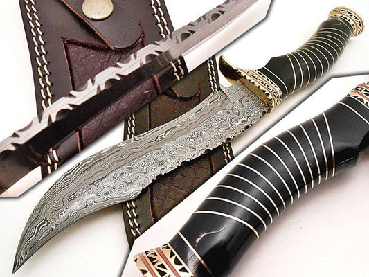 Fancy Bowie Knife with Damascus Steel Blade and Natural Buffalo Horn Handle by KBS Knives.
