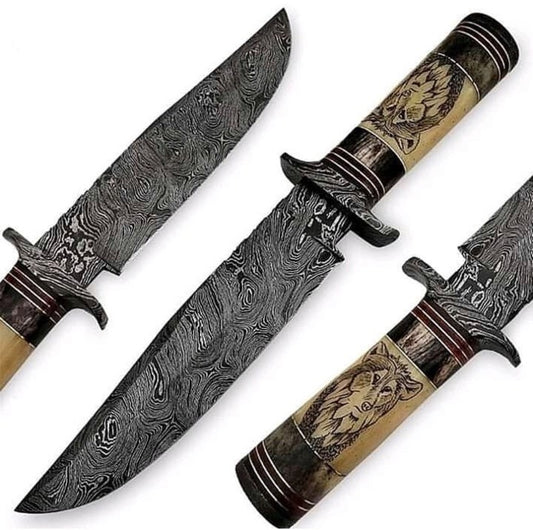 Hand Engraved Bowie Knife with Custom Handmade Damascus Steel Blade and Bone & Buffalo Horn Handle