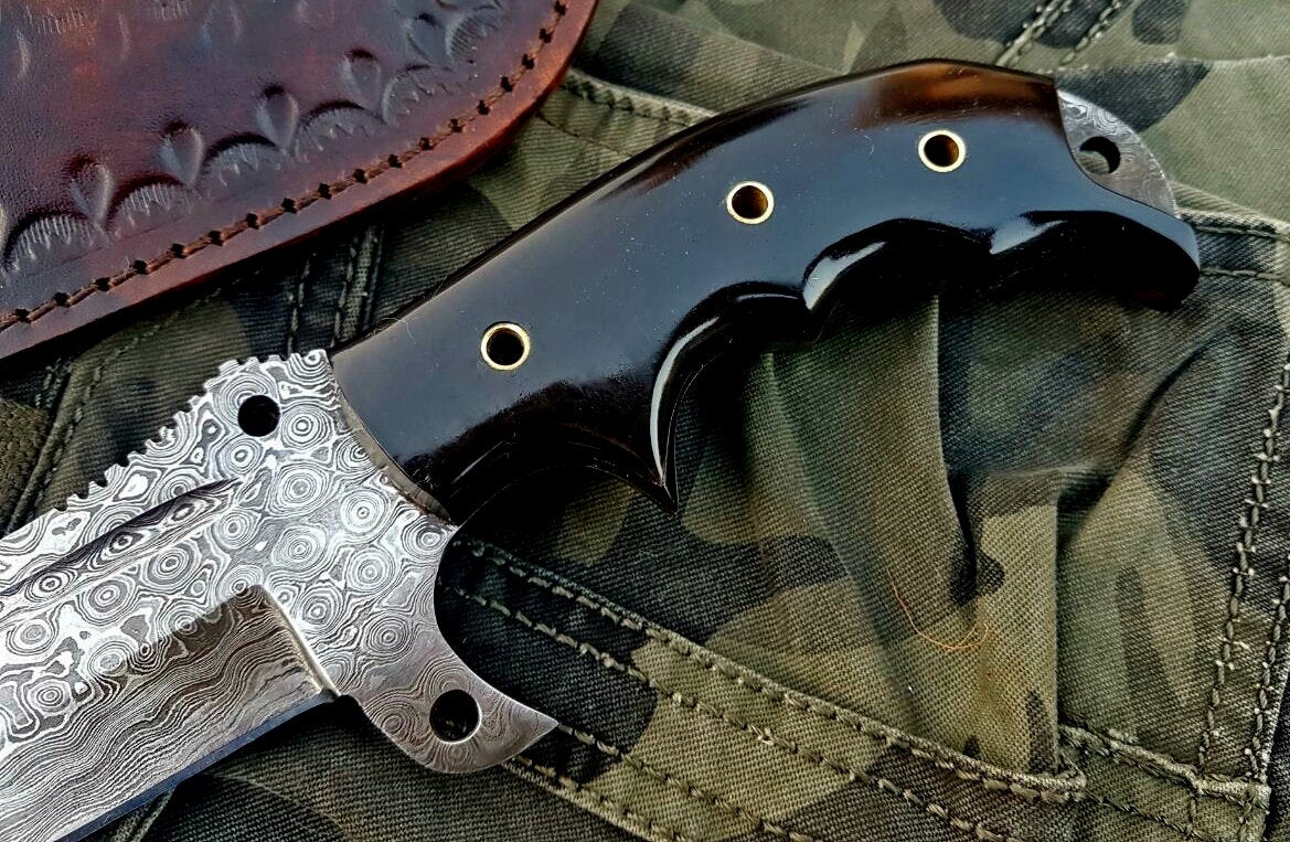 Handcrafted Tanto Tactical Tracker Knife with Buffalo Horn Handle and Leather Sheath