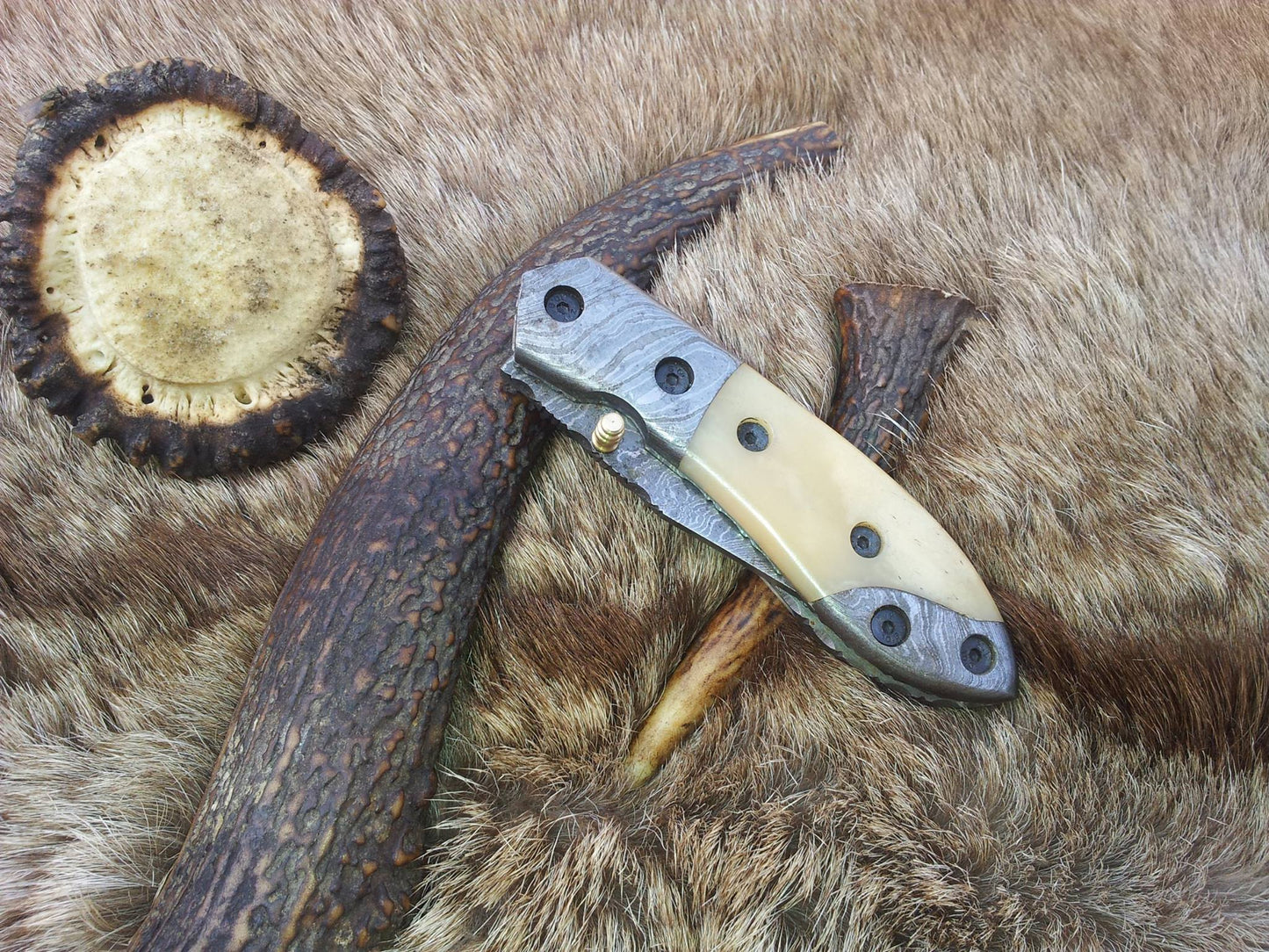 KBS Knives Store's Ivory Edge Folding Pocket Knife with leather sheath and Damascus steel blade