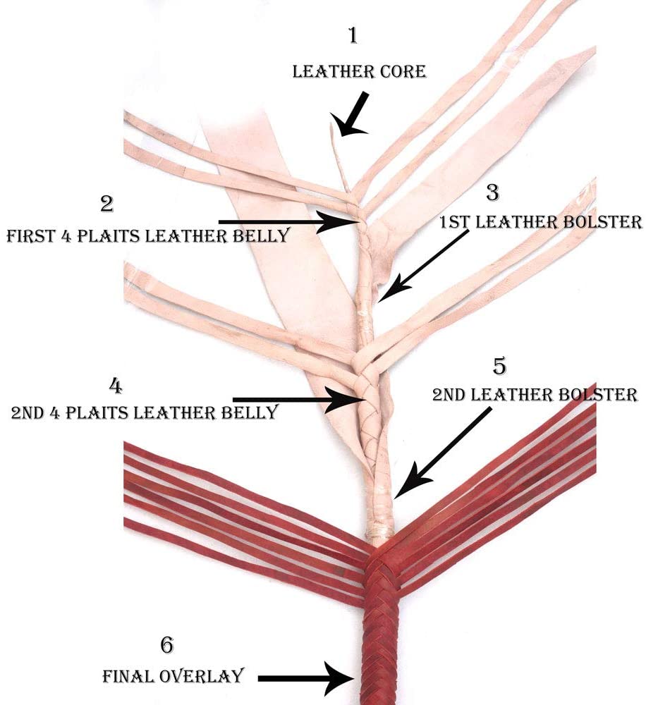 Bull whip measuring 8 feet from the handle to the end of the braid, elegantly displayed.