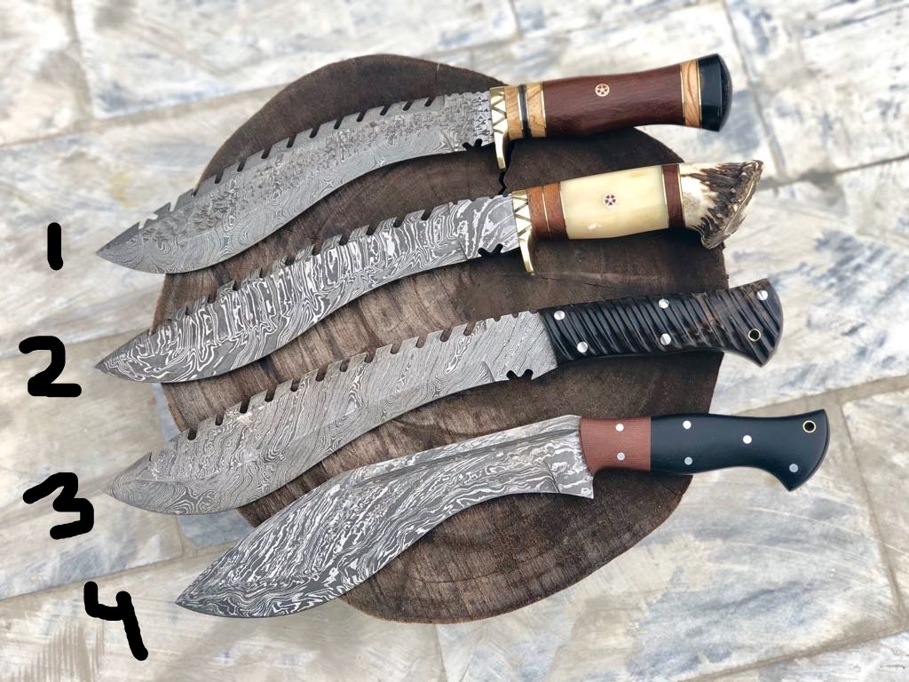 Handmade Damascus Steel Gurkha Kukri with Rosewood, Olivewood, and Buffalo Horn Handle.