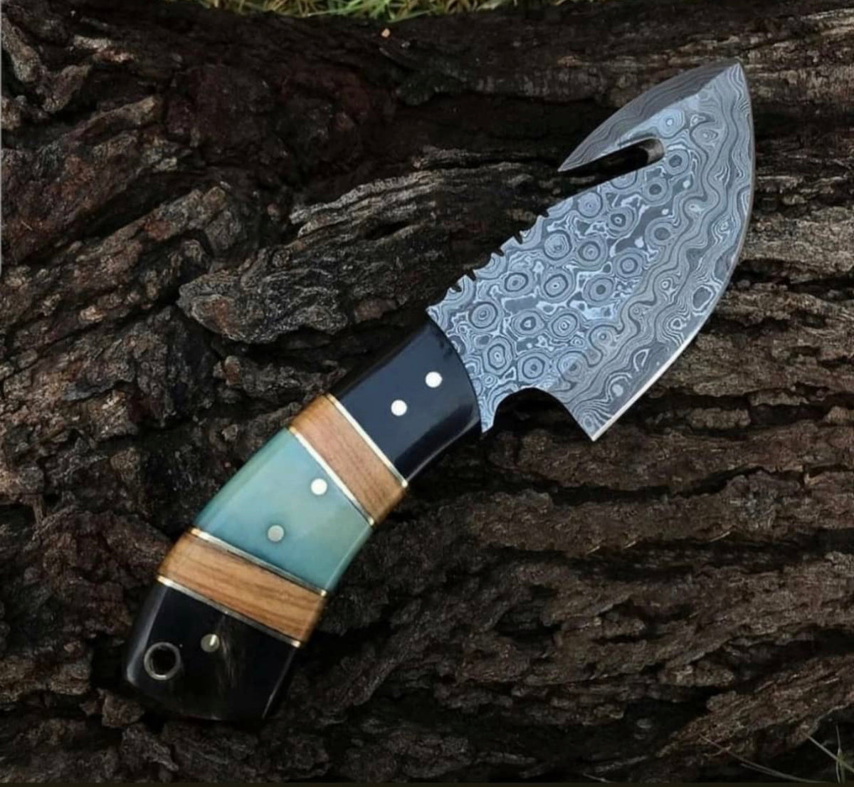 Artisan Crafted Damascus Steel Guthook Skinning Knife with Resin Handle