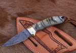 "Custom Handmade California Coyote Cowboy Knife with Damascus Blade and Sheep Horn-Brass Bolster Handle, 6.25 Inches, and Leather Sheath, Available at KBS Knives Store"