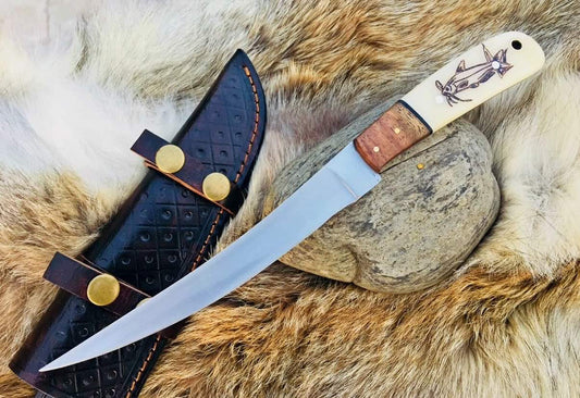 Stainless Steel Handmade Fillet-Boning Knife with Rose Wood and Engraved Bone Handle