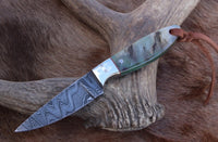 "Buckaroo Cowboy Custom Handmade Damascus Knife with Sheep Horn-Steel Bolster Handle, 6.25 Inches, and Leather Sheath, Available at KBS Knives Store"
