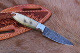 "Buckaroo Cowboy Custom Handmade Damascus Knife with Sheep Horn-Steel Bolster Handle, 6.25 Inches, and Leather Sheath, Available at KBS Knives Store"