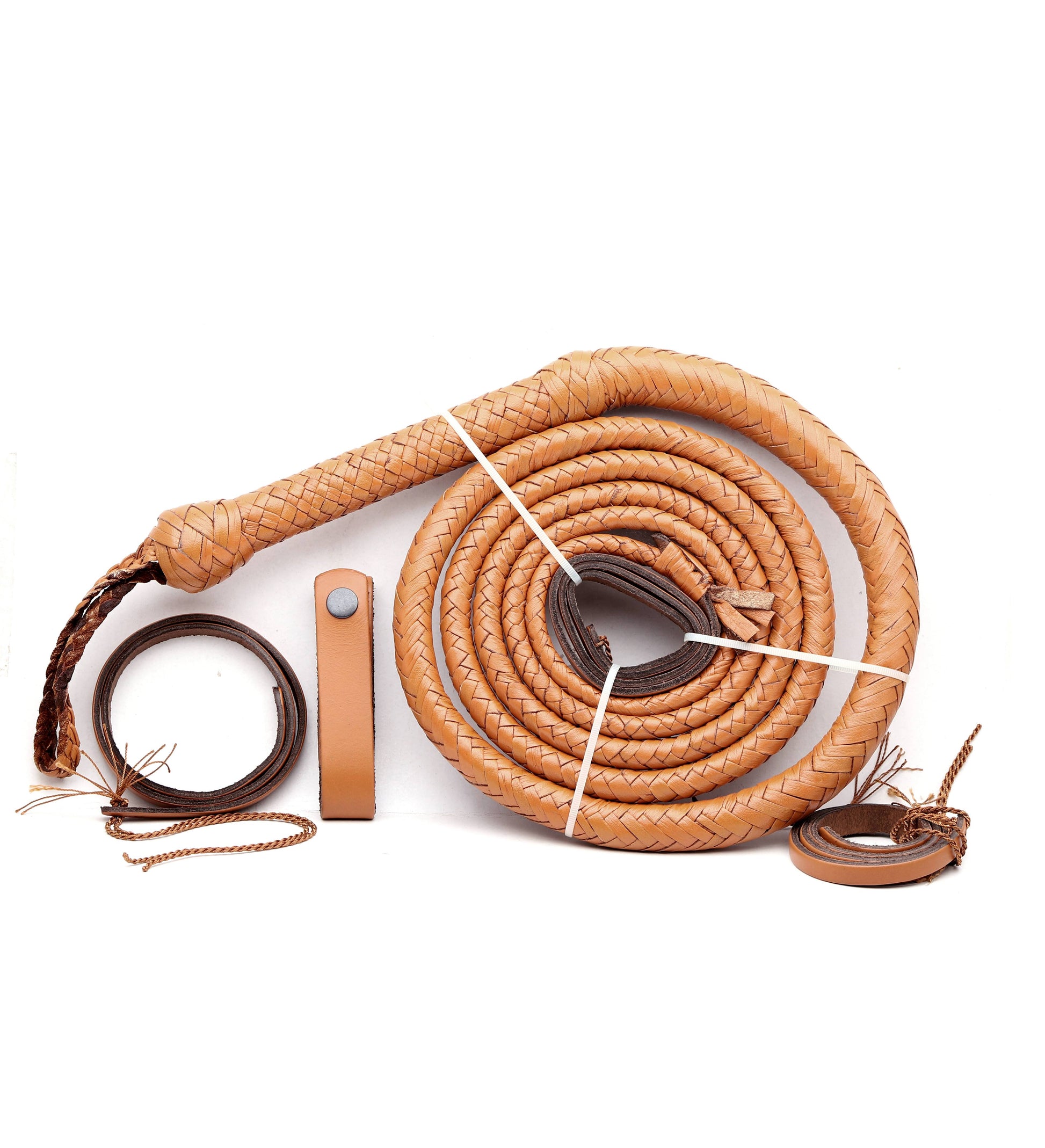 Genuine tan leather bull whip, hand-braided cowhide with steel reinforced handle.