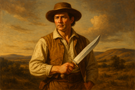 Jim Bowie portrait with his famous Bowie knife in frontier Texas setting