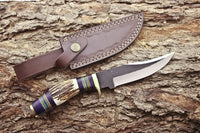 Custom 1095 forged steel hunting knife with antler horn and exotic wood handle
