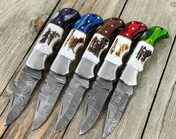 Utility Folding Knife | 3-Inch Damascus Steel Blade | Exotic Pakka Wood & Stag Horn Handle | Leather Case | KBS Knives Store