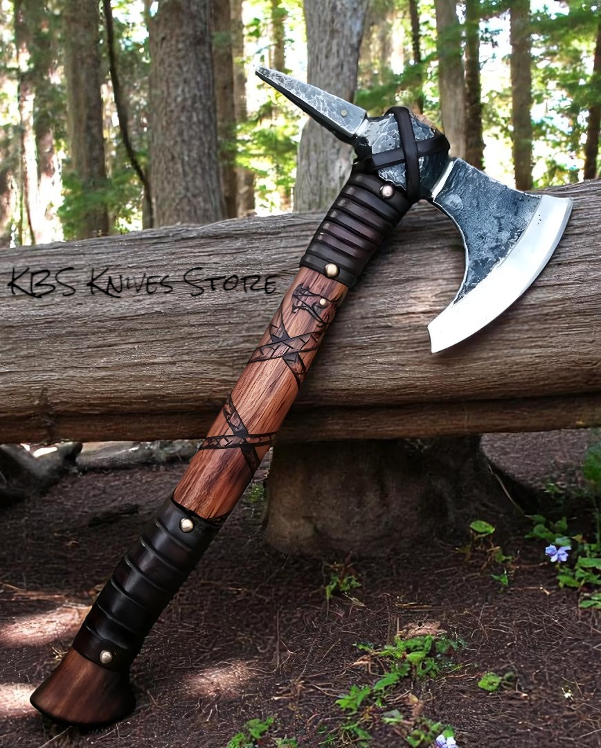 Viking Axe – Forged 1095 High Carbon Steel with Engraved Rosewood & Leather Wrap

